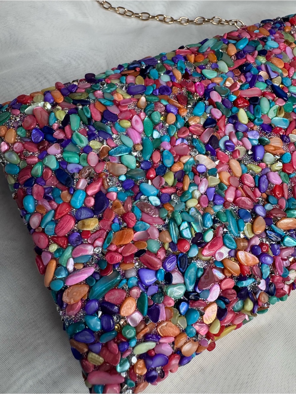 Multicolor Stone Beaded Reversible Box Clutch Black Glitter Gold Chain NWT